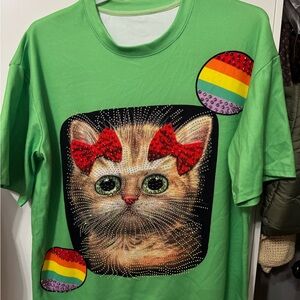 Green Cat Graphic Pet Shirt with Red Bow Accents - Brand:
